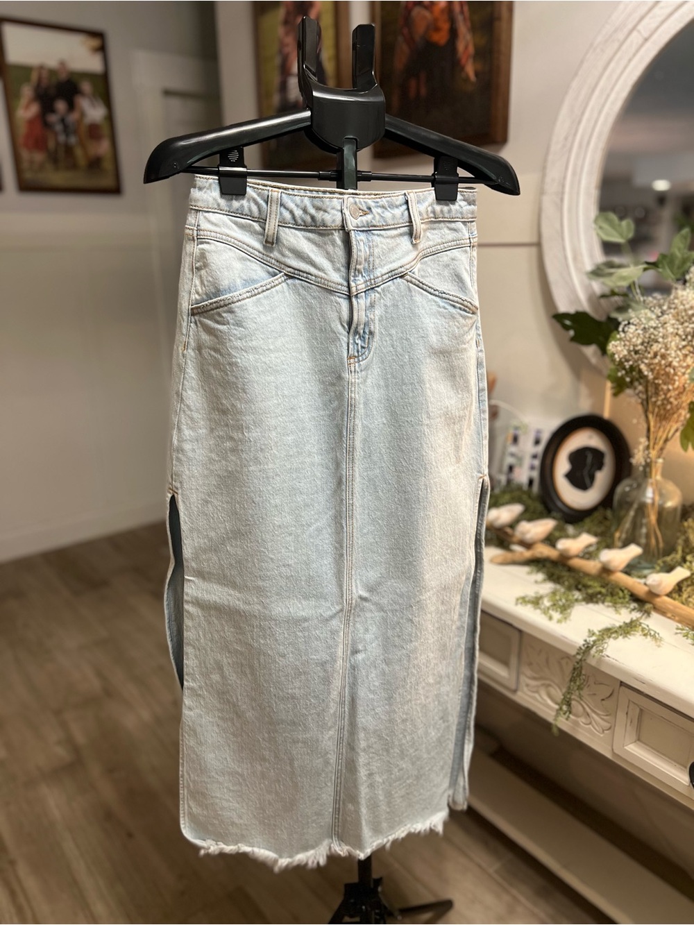Light Wash Denim Midi Skirt with Side Slits